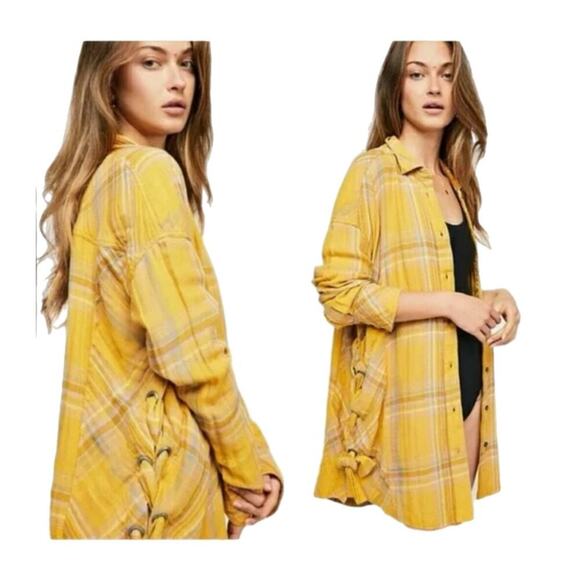 Free People Nordic Day Plaid Long Sleeve Button Down Shirt Tunic M Side Ties - Picture 2 of 15